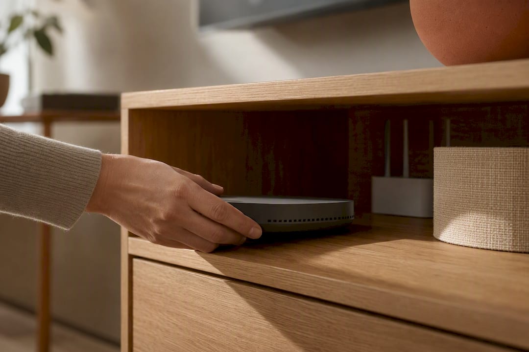Smart hub tucked into an open media console
