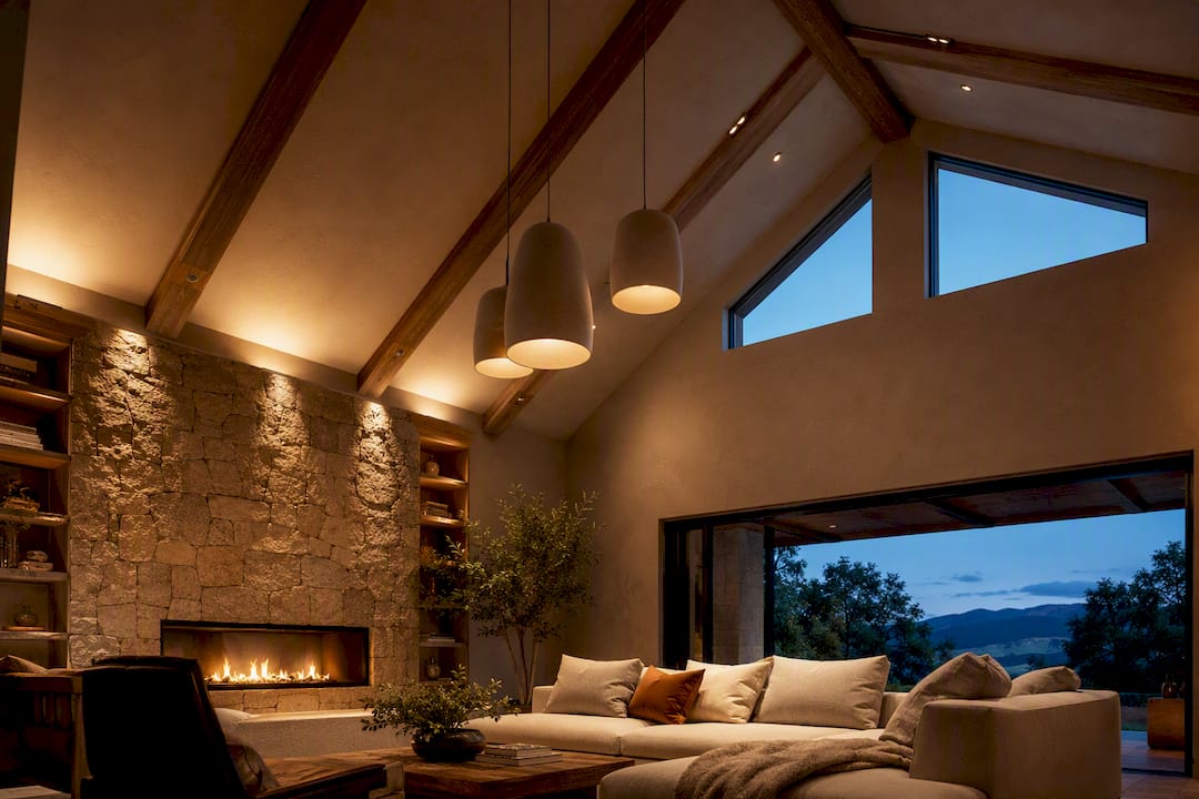 Warm layered lighting in vaulted living room