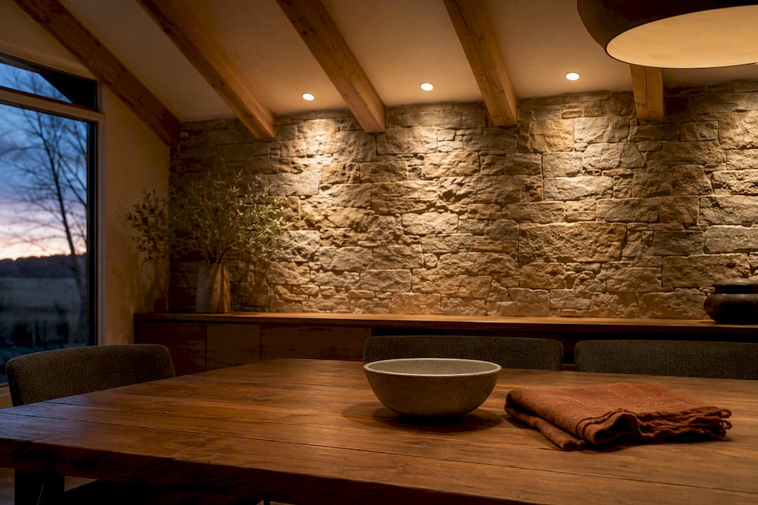 Wood and stone under warm white lighting