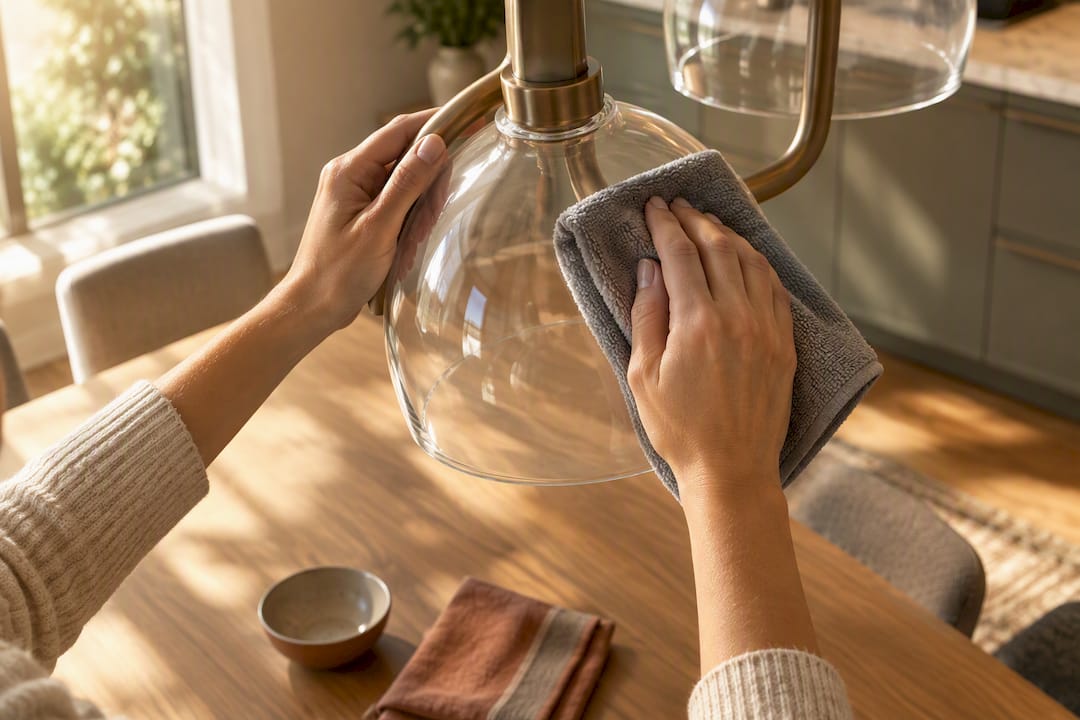 Hands cleaning a dining light shade