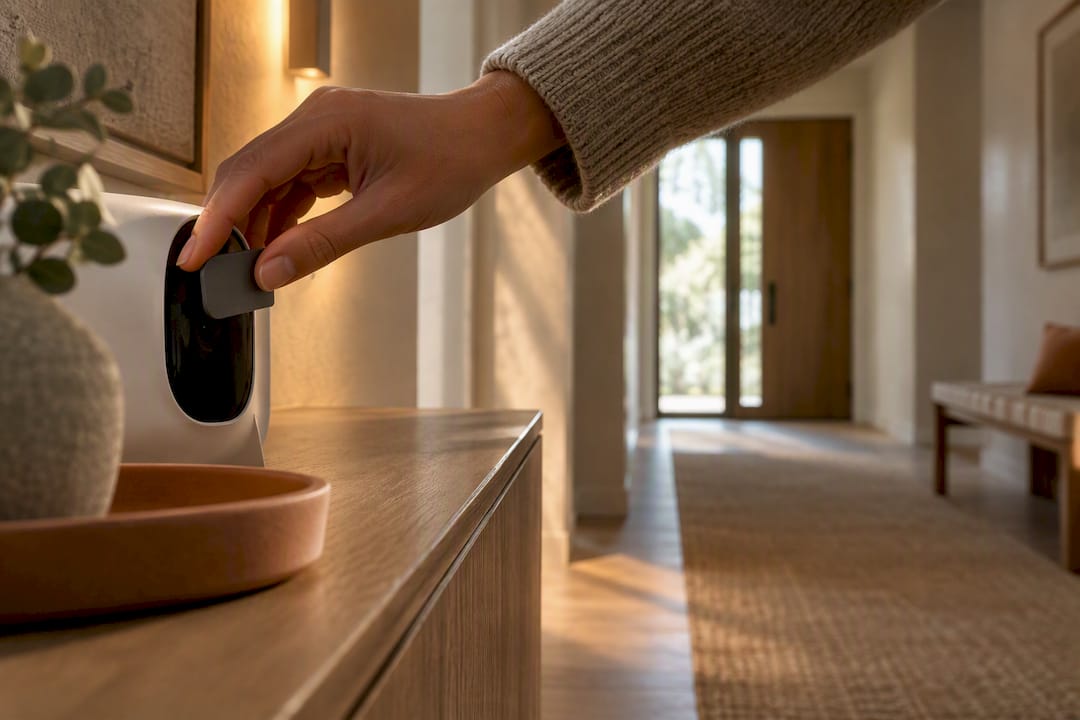 Hand closing a smart camera privacy shutter