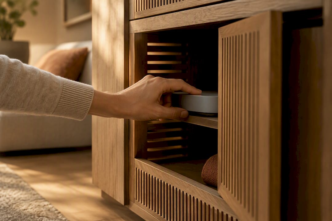 Hand accessing a smart home hub cabinet