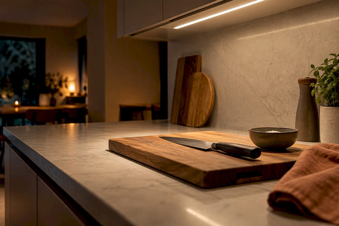 Under cabinet light illuminating kitchen countertop
