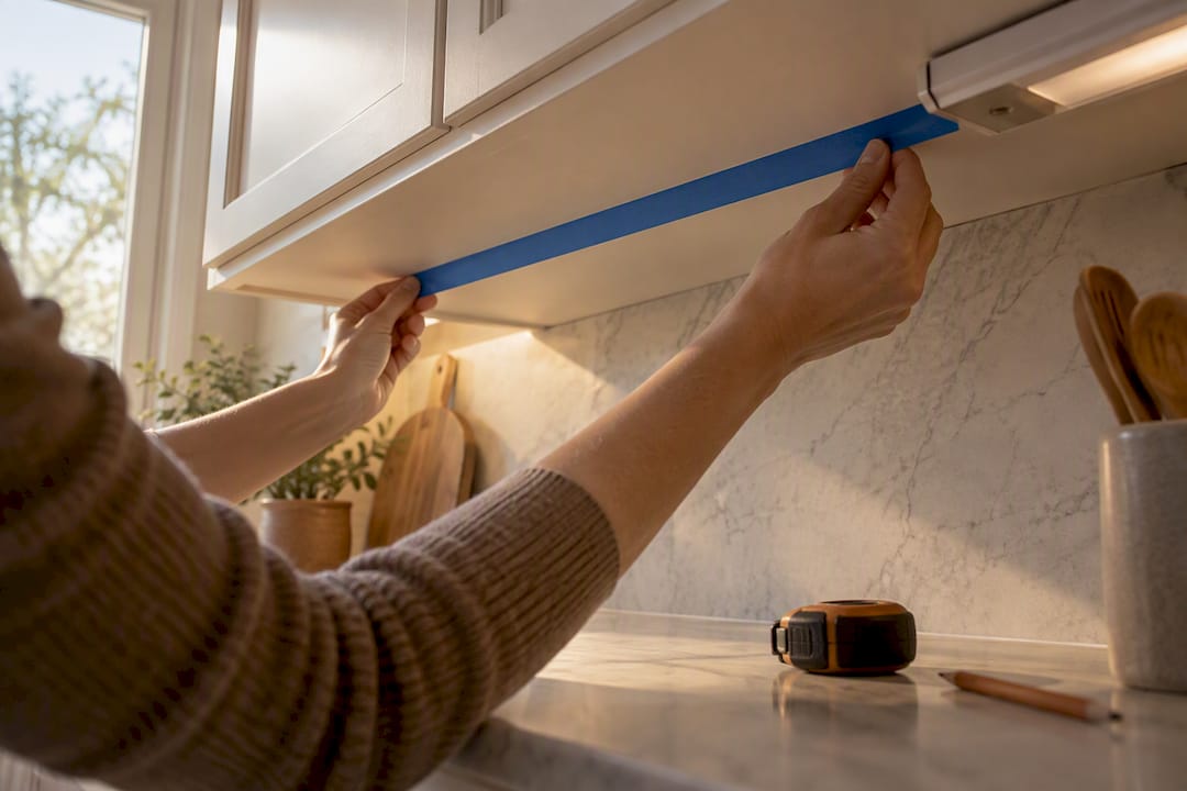 Painter tape marking cabinet light installation