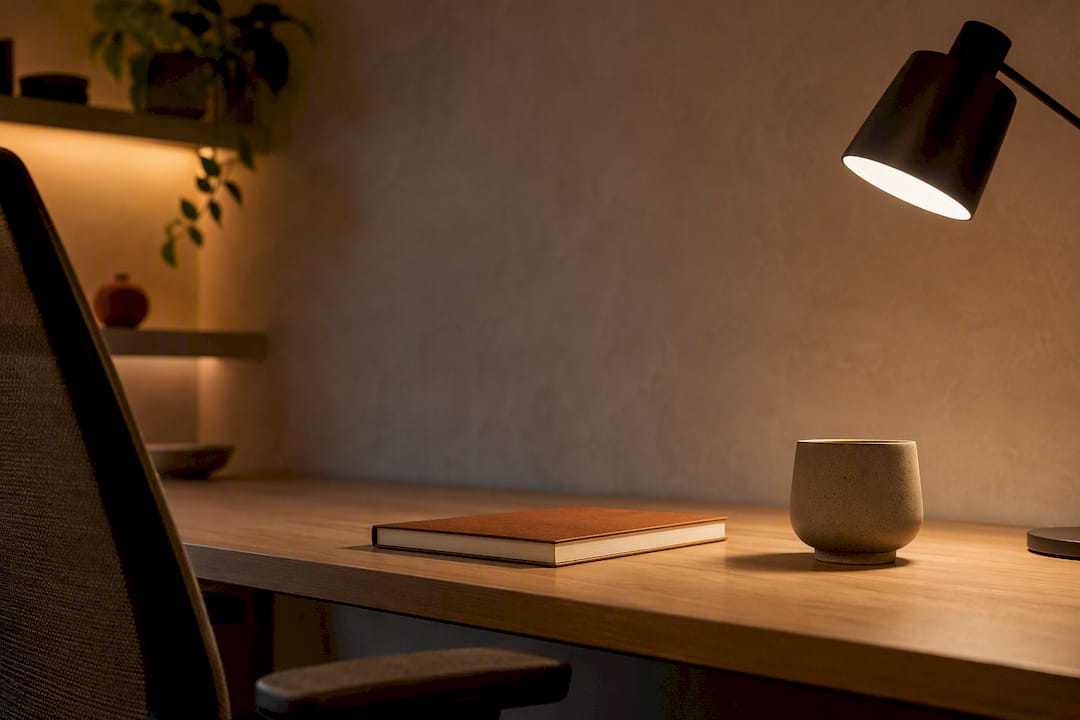 Layered lighting across a refined home office