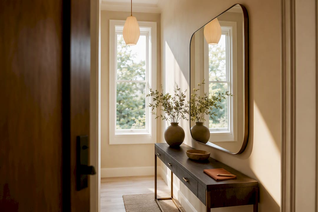 Mirror reflecting daylight in a narrow foyer