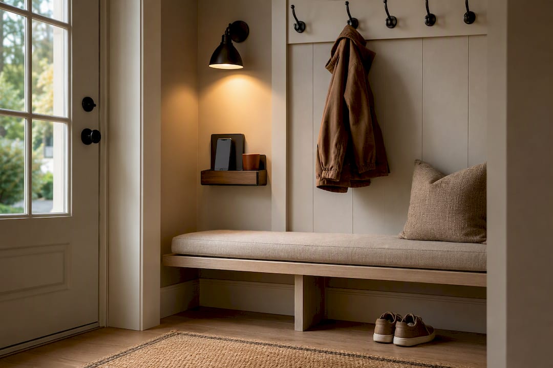 Warm task lighting over an organized family entryway