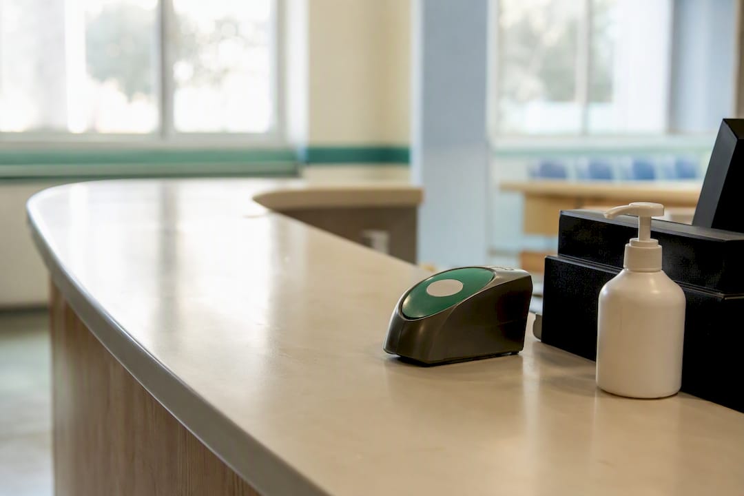 Empty Spanish hospital reception counter