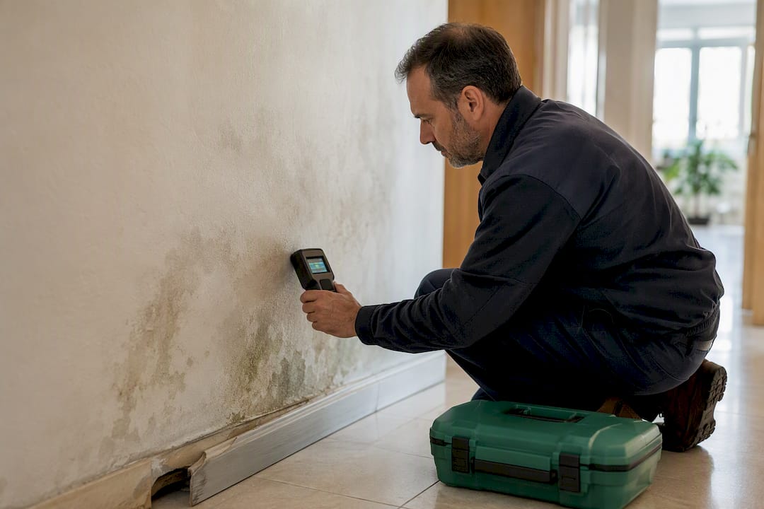 Perito inspecting damp wall damage