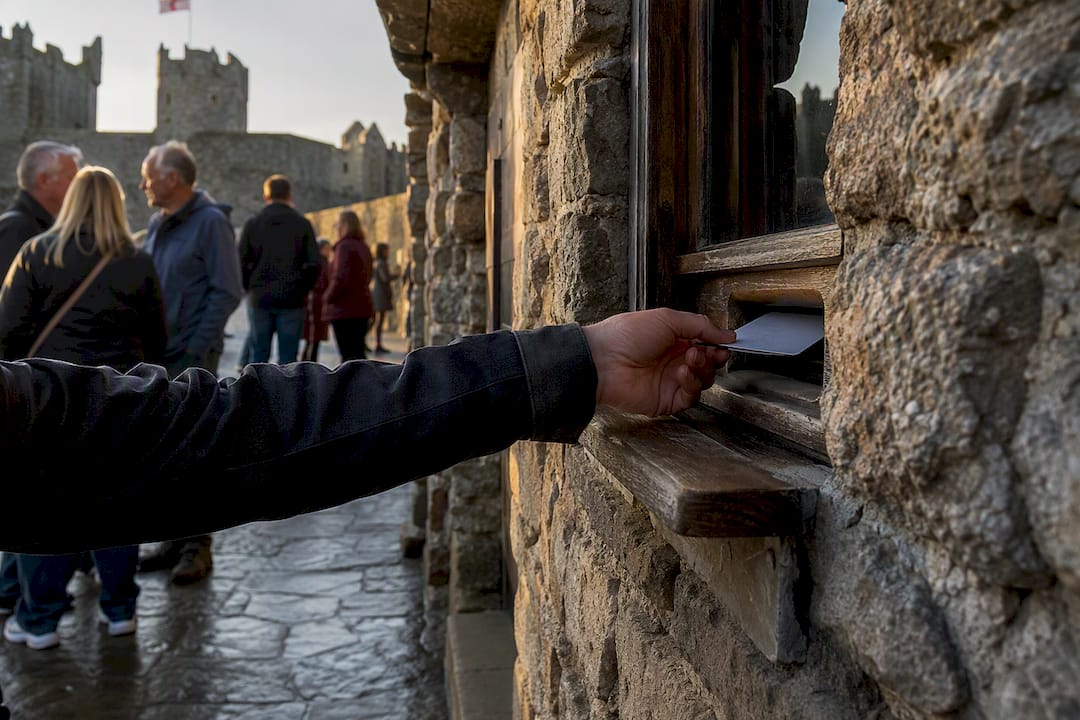 Visitor inserting ticket at historic site booth
