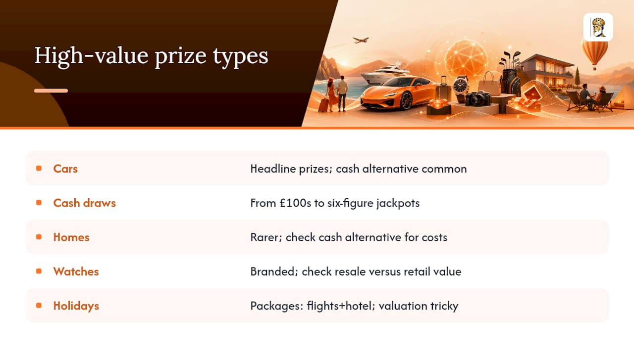 Prize types typically offered: cars, cash, homes, watches and holidays — overview diagram
