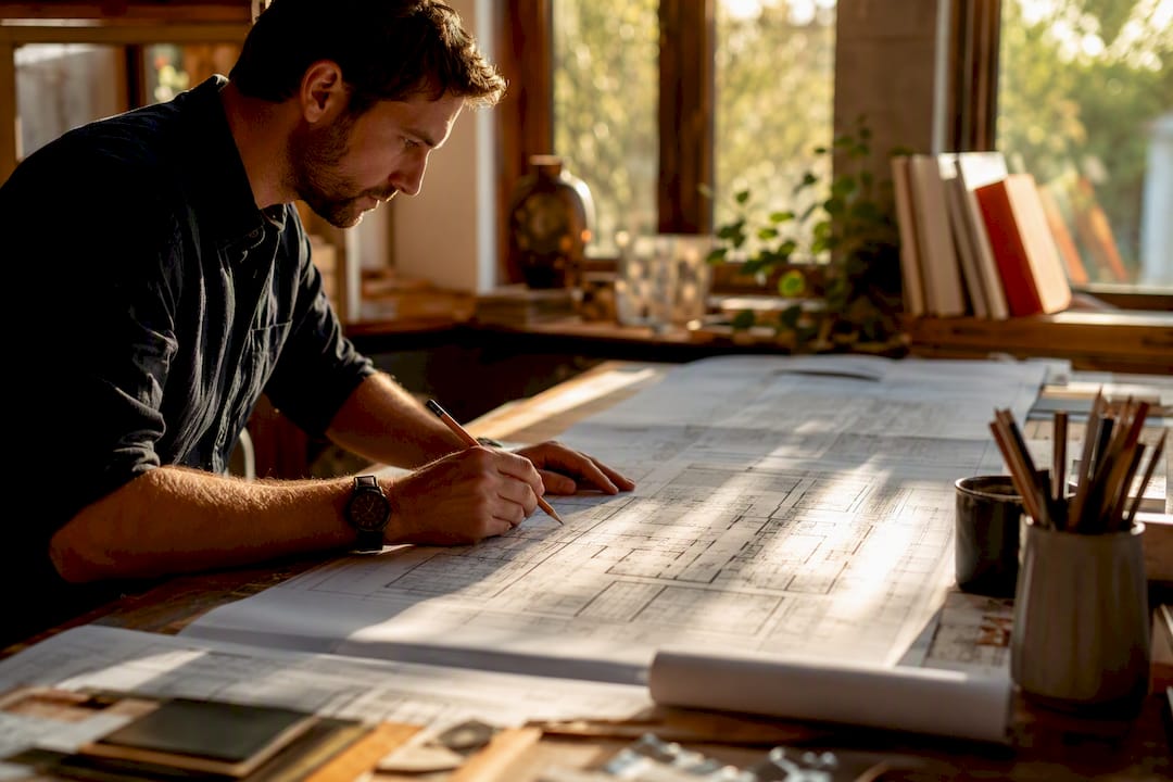 Hands tracing building plans on drafting table