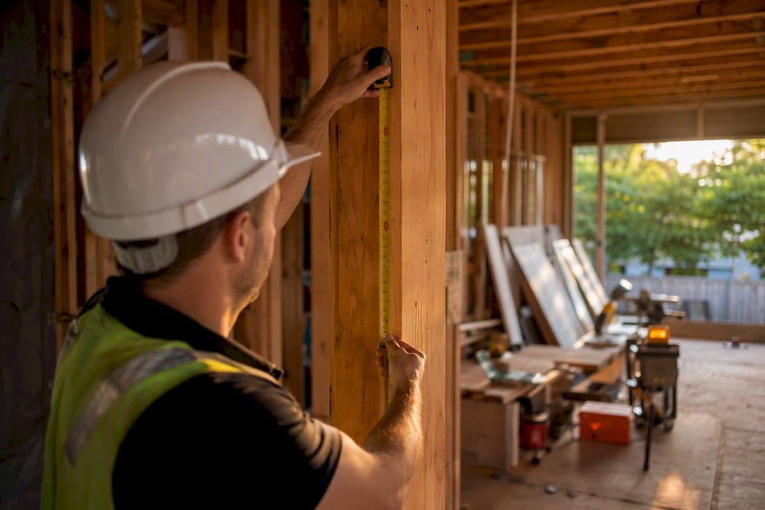 Certifier measuring timber framing on construction site