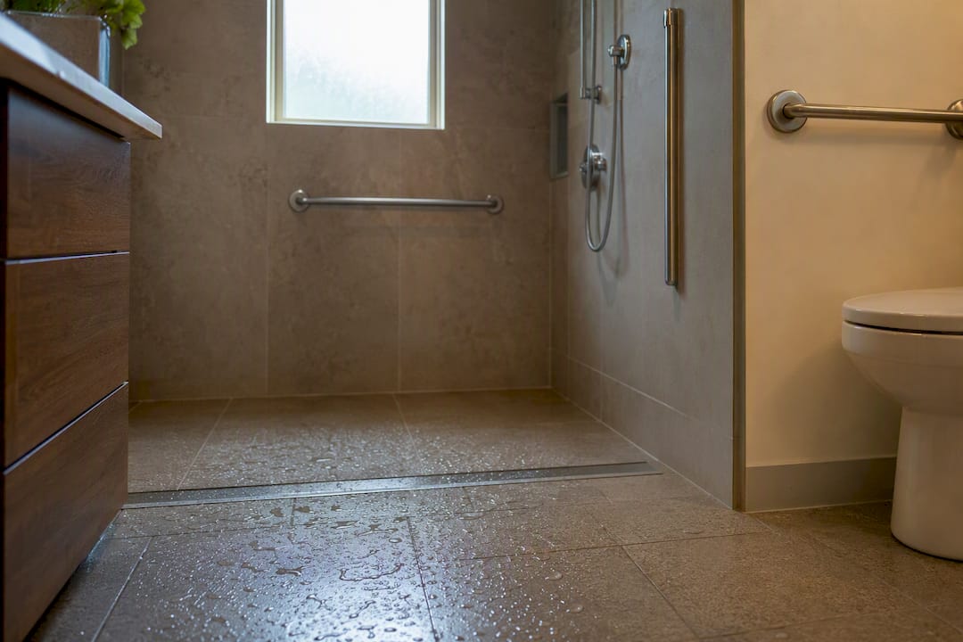 Curbless shower with grab bars in accessible bathroom