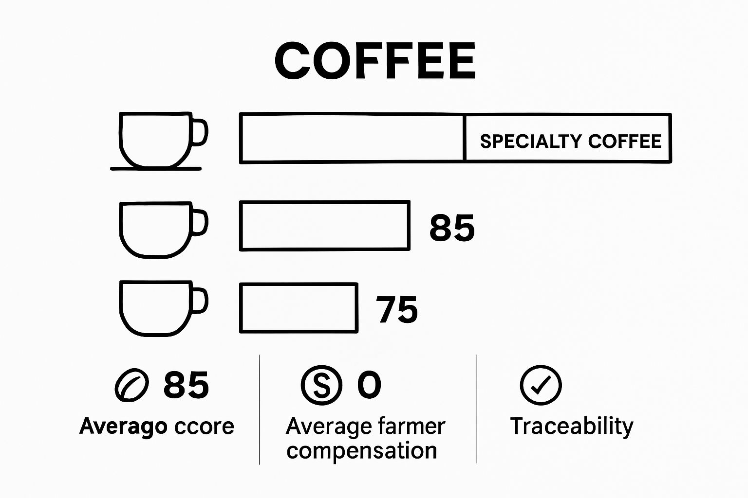 Infographic comparing specialty, commercial, and premium coffee by quality, pay, and traceability