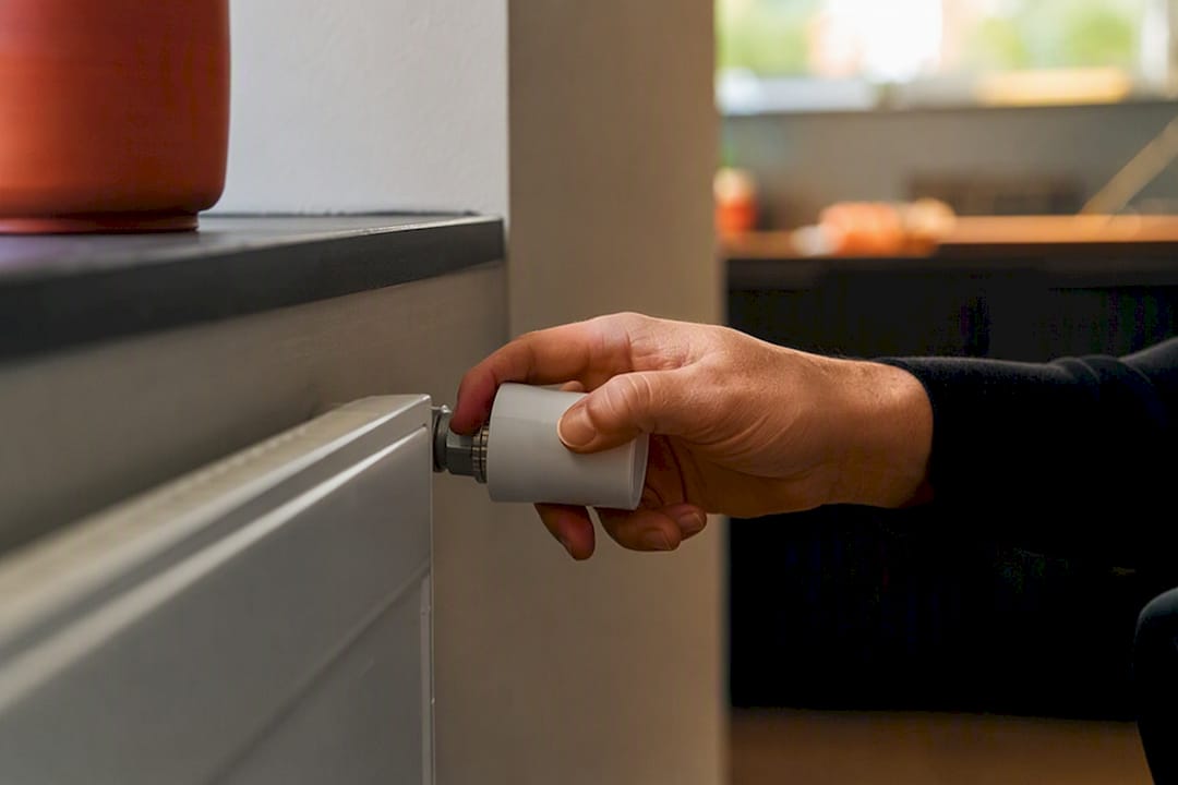 Hand som justerar termostatventil för bättre komfort