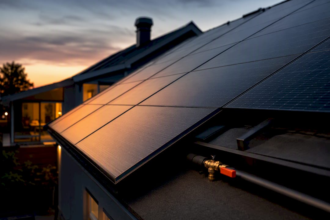Solpaneler på villa med varm kvällsbelysning