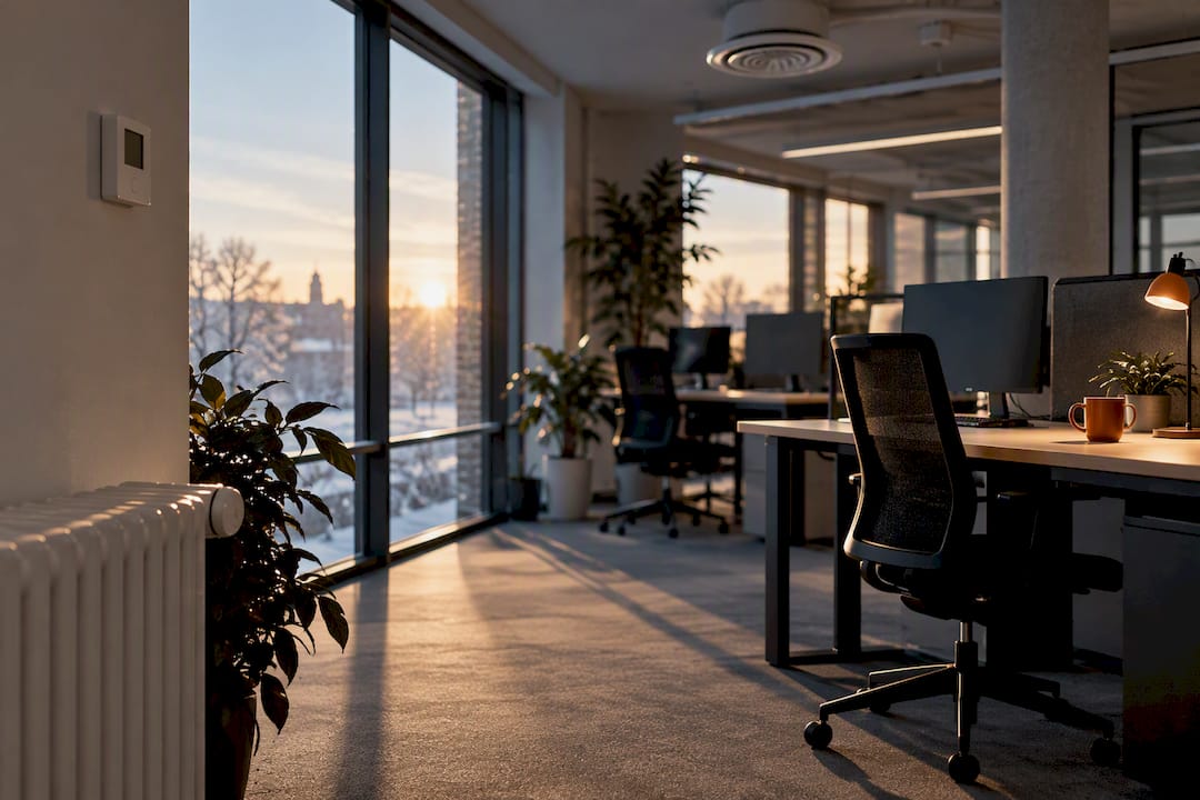 Modernt kontor med diskret värme och ventilation