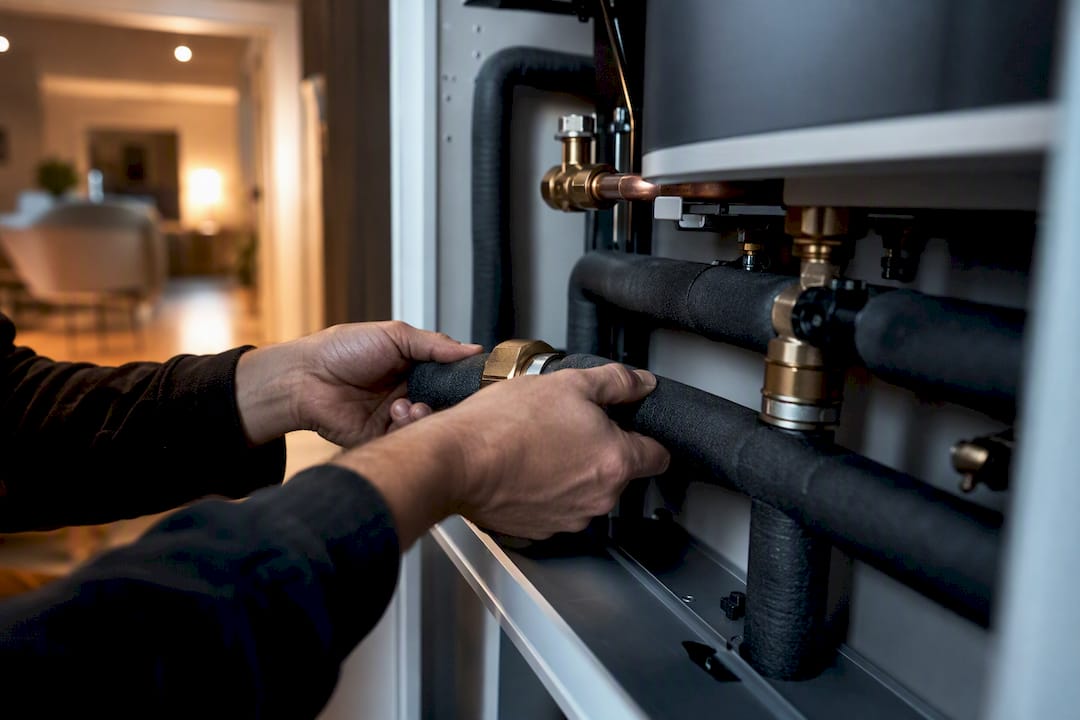 Installatören kopplar in värmerör i en villa