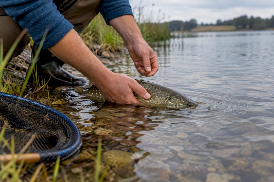 Fisch wird behutsam zurück ins Wasser gesetzt