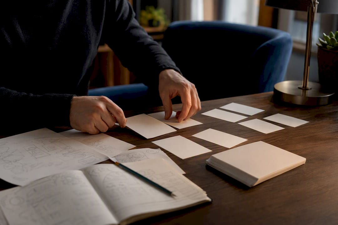 Mani che organizzano schede di pianificazione creativa