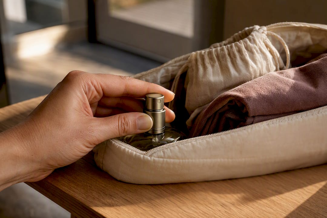 Spray pump protected against leaks inside a toiletry bag