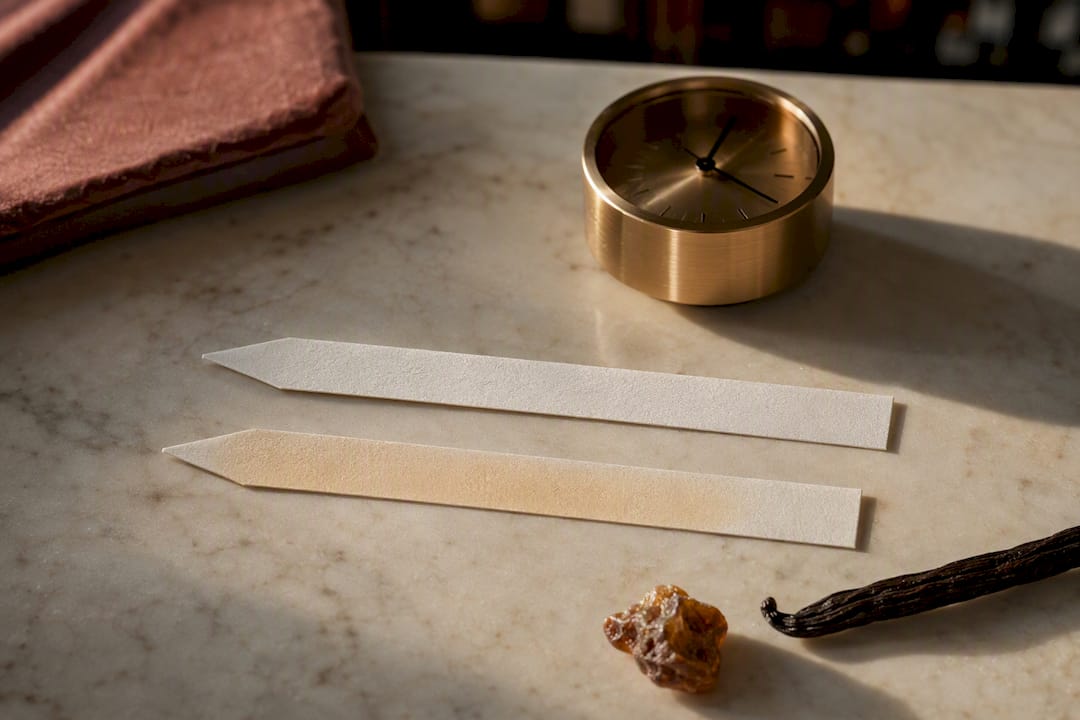 Fragrance test strips showing how an amber scent develops