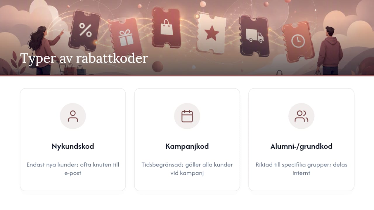 Tre olika typer av rabattkoder