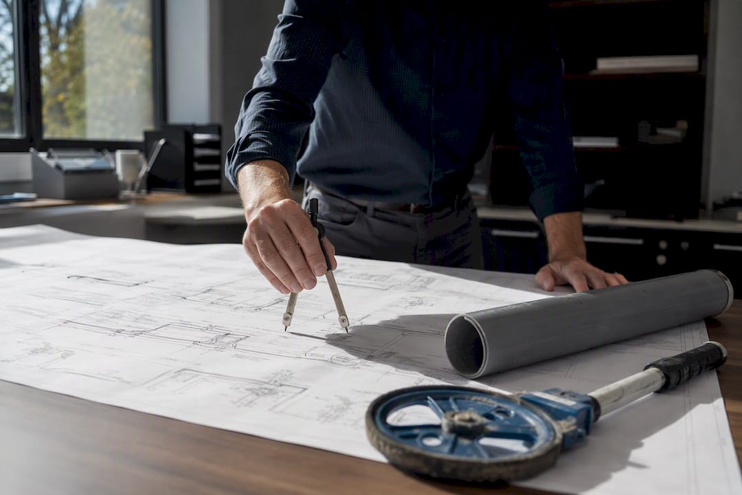 Plumbing design blueprint with calculator and pipe segment