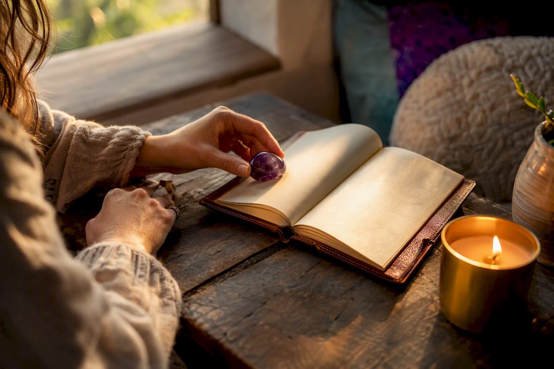 Hands with crystal and open journal on desk