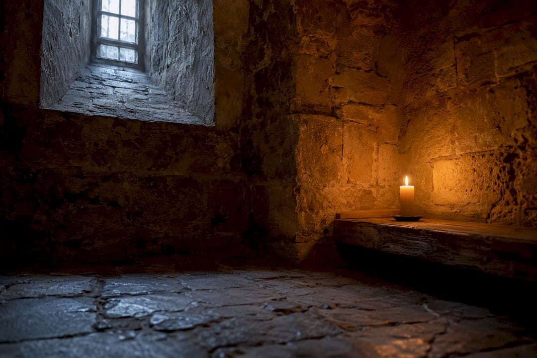 Monastic cell corner with candlelight