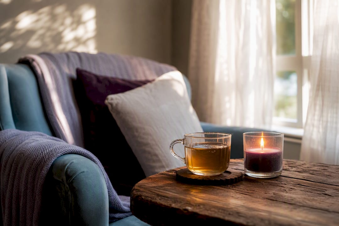 Meditation nook with tea and candle