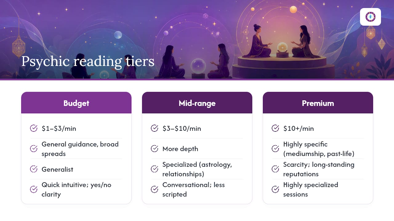 Diagram of psychic reading price tiers and features