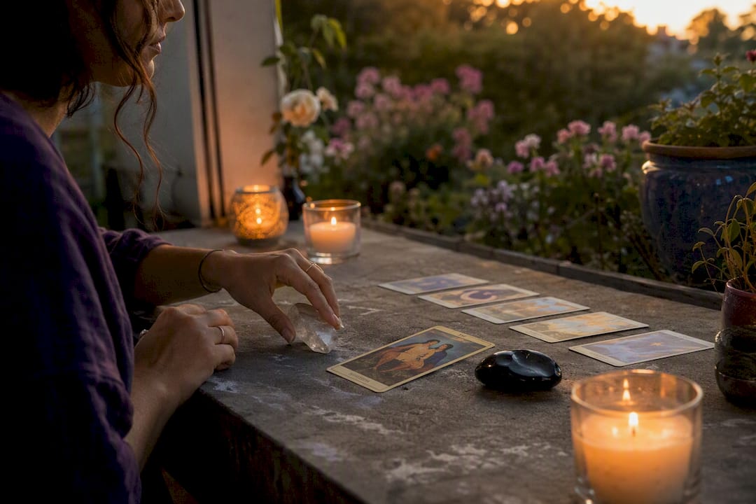 Hands moving crystal over tarot cards and candles