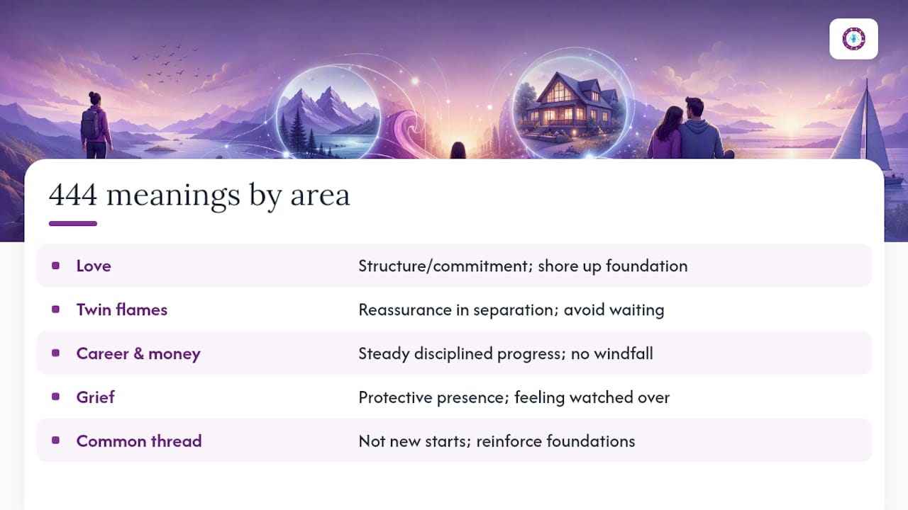 What Does 444 Mean in Love, Career, and Money? — overview diagram