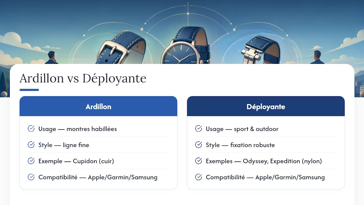 Vue d'ensemble des bracelets Clipz-it compatibles ardillon et déployante