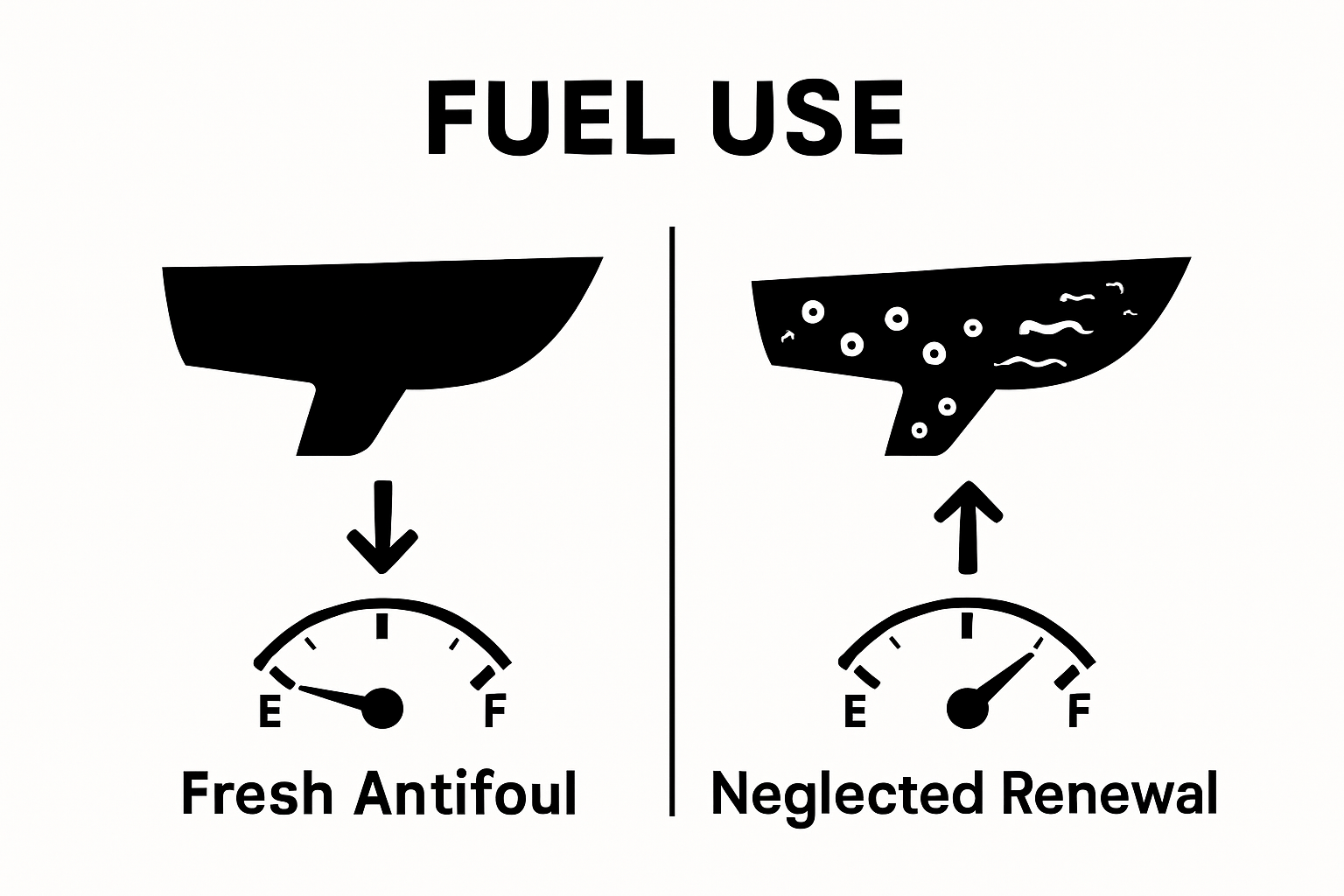 Infographic comparing fresh antifoul boat hull to neglected hull with increased drag and fuel use.