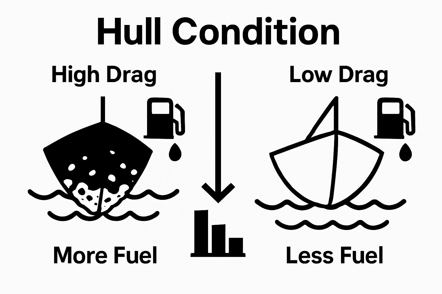 Side-by-side dirty vs. clean boat hull fuel savings infographic