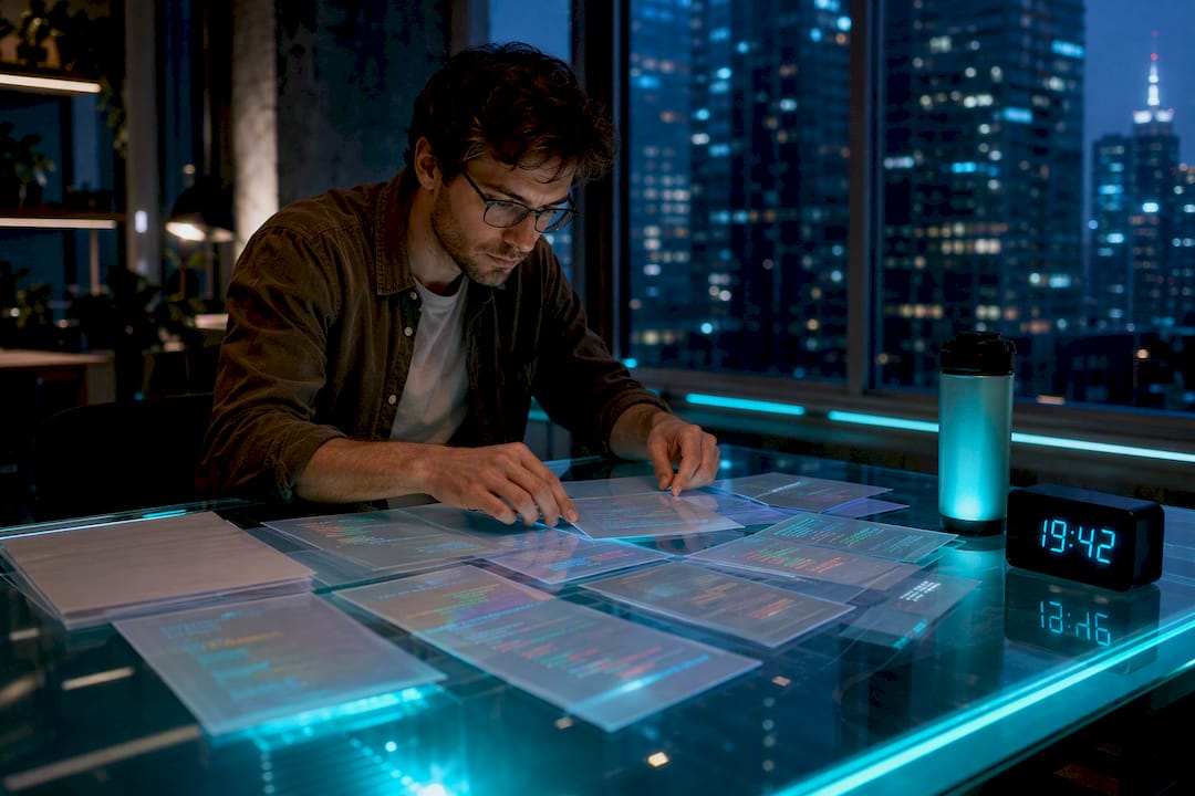 Hands organizing localization code sheets at desk