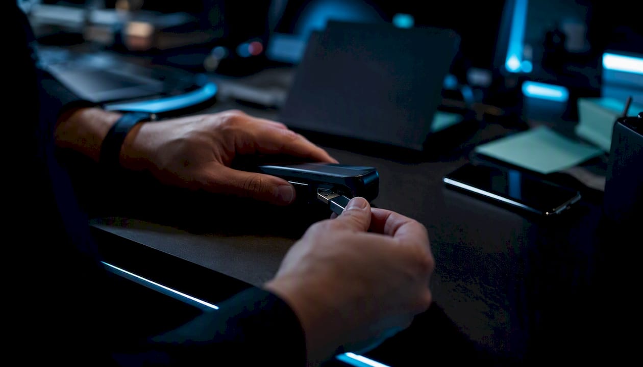 Hands connecting USB drive in dark workstation