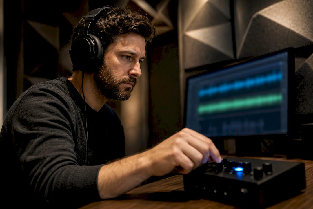 Developer testing synthesized speech in booth