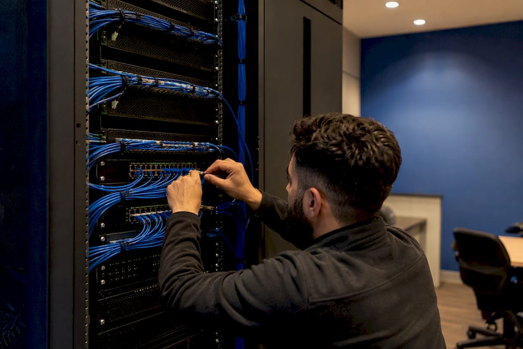 Hands connecting ethernet cable in server rack
