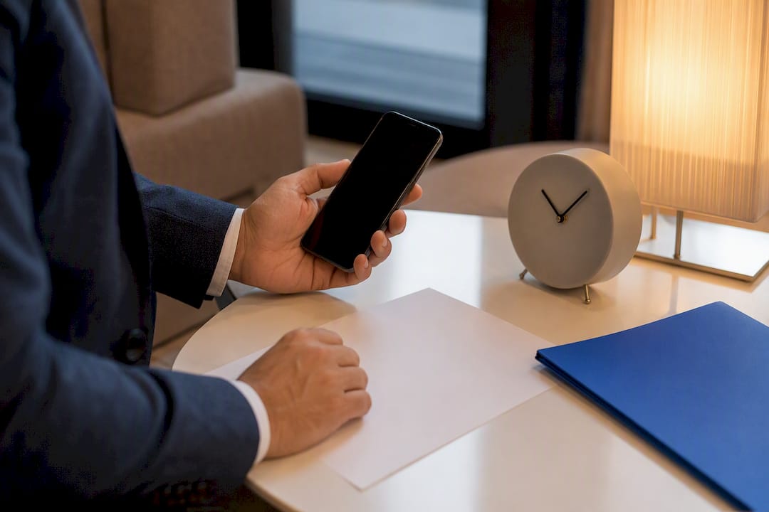 Hands verifying contact data with phone and paper