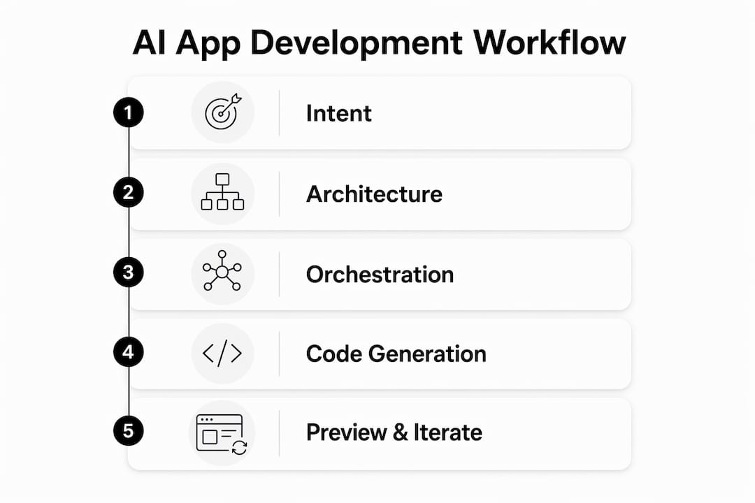 Infographic illustrating AI-generated app development workflow stages