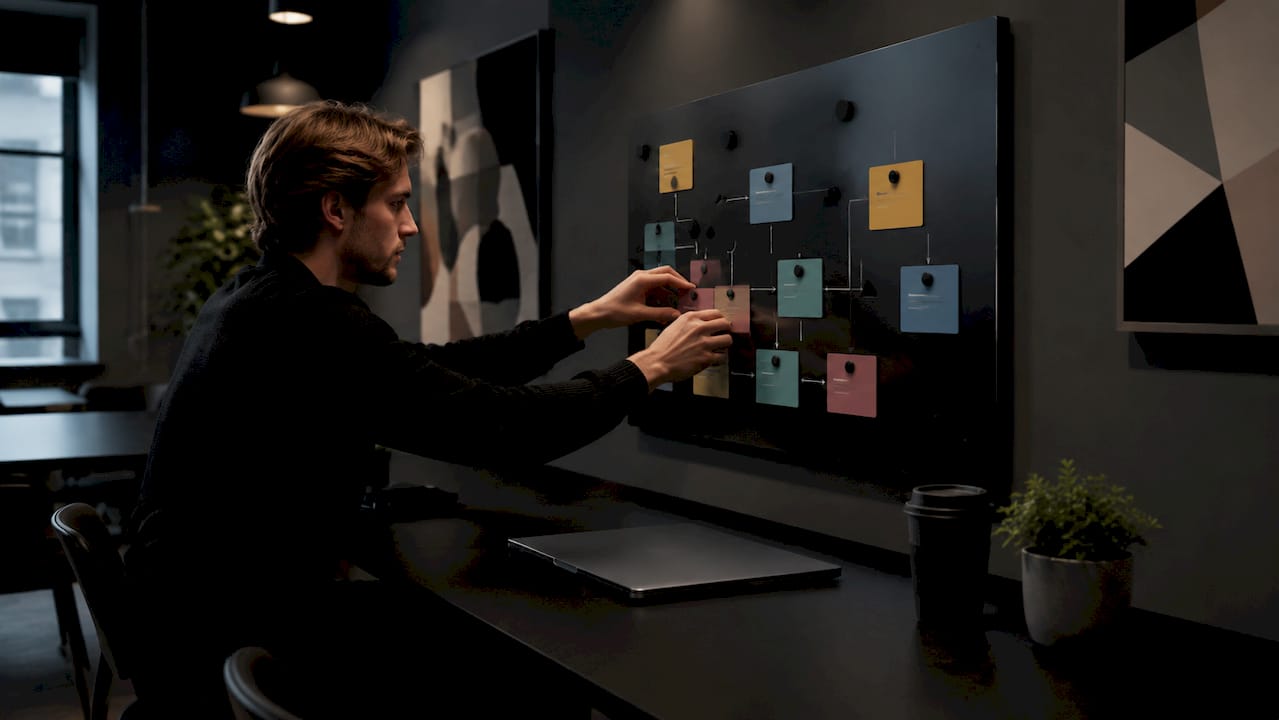 Hands arranging no-code AI agent flowchart