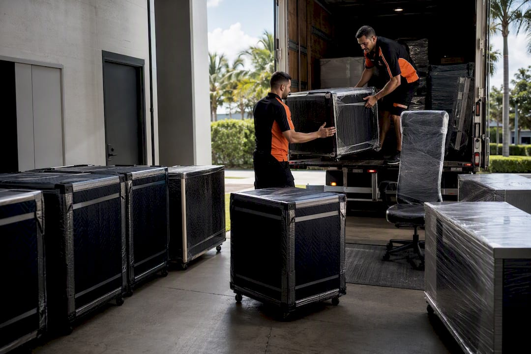 Movers staging IT equipment and office furniture