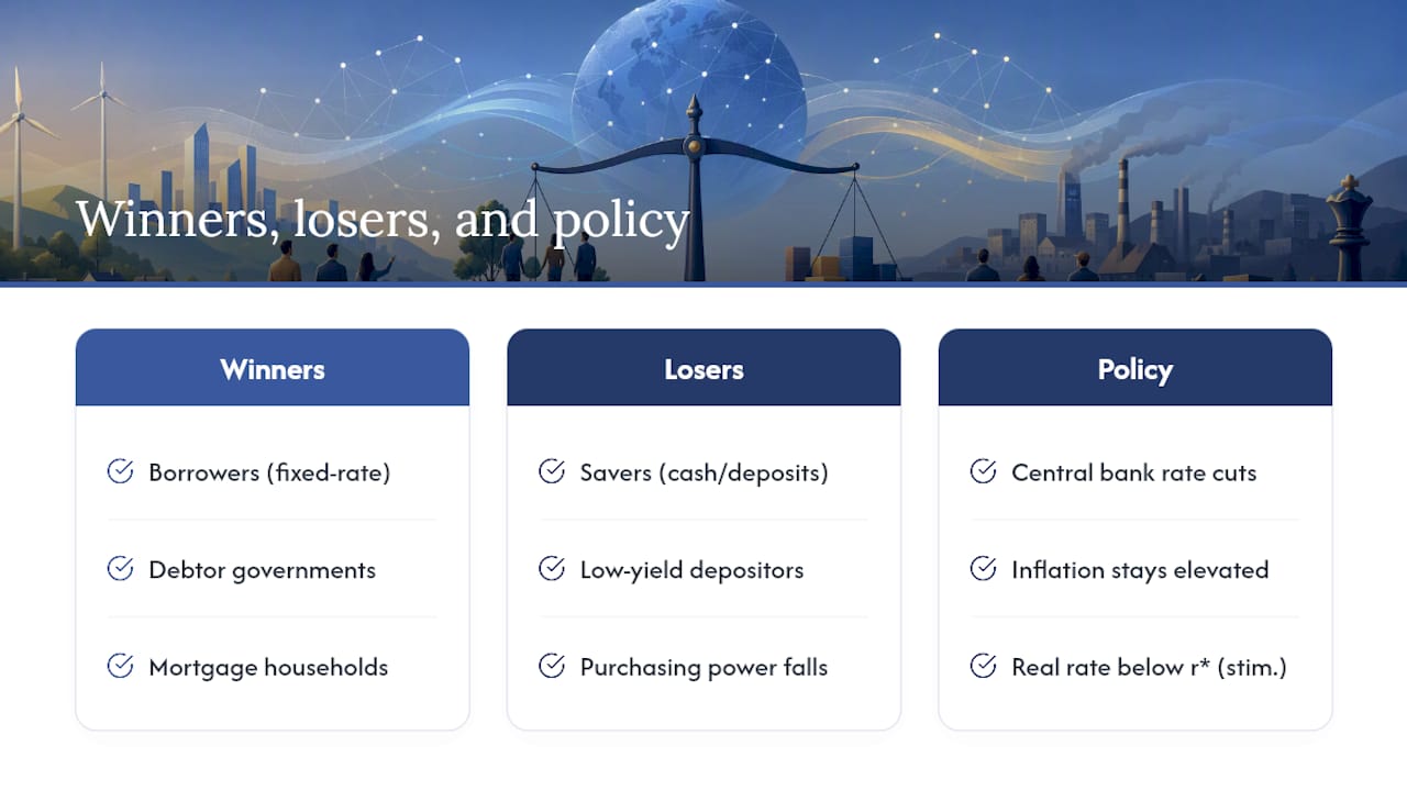 Who Wins and Who Loses When Real Rates Turn Negative — overview diagram