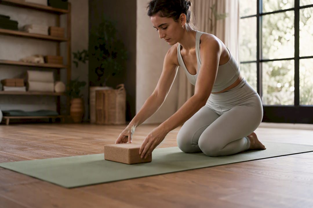Estudiante ajustando un soporte para yoga durante la práctica