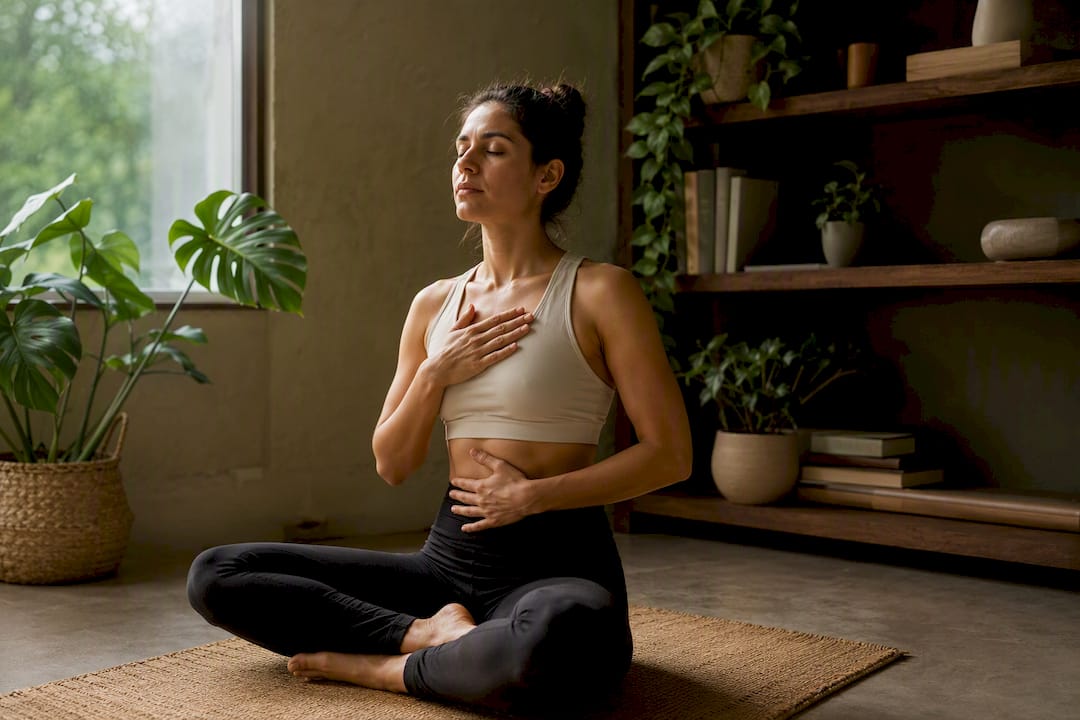 Mujer realizando respiración abdominal mientras está sentada