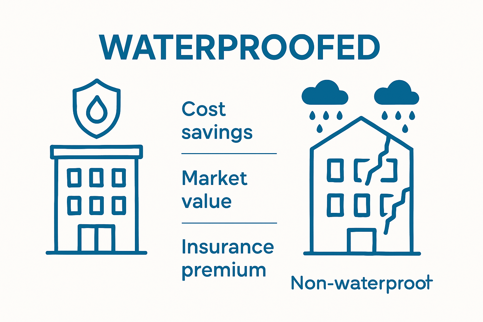 Infographic comparing costs and value between waterproofed and non-waterproofed properties